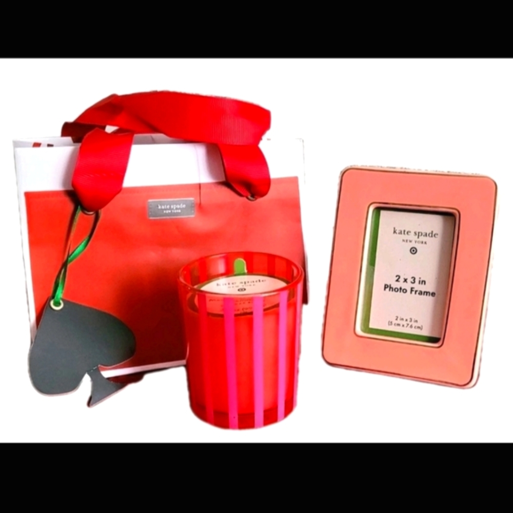 New kate spade Red & Pink Striped 3pc Gift Set Candle Picture Frame Purse Bag